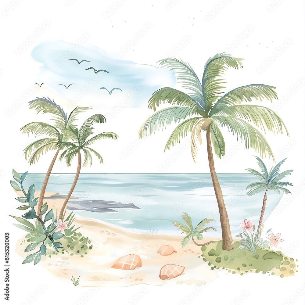 A beautiful watercolor painting of a beach scene