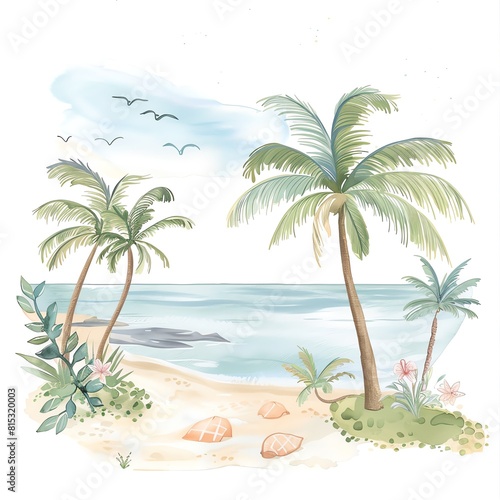 A beautiful watercolor painting of a beach scene