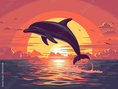 Dolphin acrobatics at ocean sunset flat design front view performance theme animation Tetradic color scheme