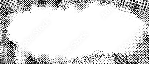 Splayed grunge frame. Halftone dotted edge border for poster, cover, banner, booklet, brochure, magazine. Vintage grain scratched background. Textured pop art comic cartoon wallpaper. Vector