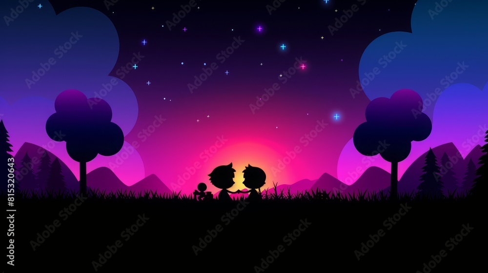 Digital art moon with the scenery digital art colorful sky view, concept of fantasy of silhouette two people with aurora view in the sky Digital art moon with the scenery digital art colorful sky view, concept of fantasy of silhouette two people with aurora view in the sky