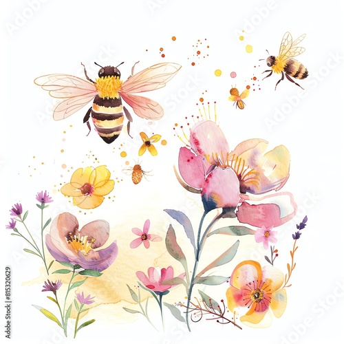 A beautiful watercolor painting of a bee pollinating a flower