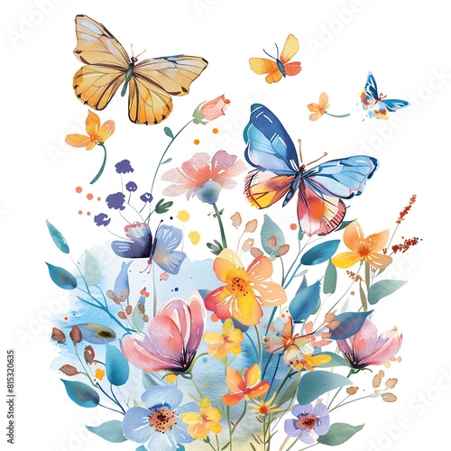 A beautiful watercolor painting of a variety of flowers and butterflies © Sukifli.D
