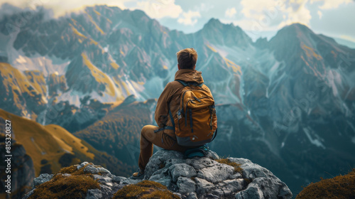 A man sitting on a mountain top, gazing at a dramatic landscape, exemplifying the spirit of adventure and solitude.