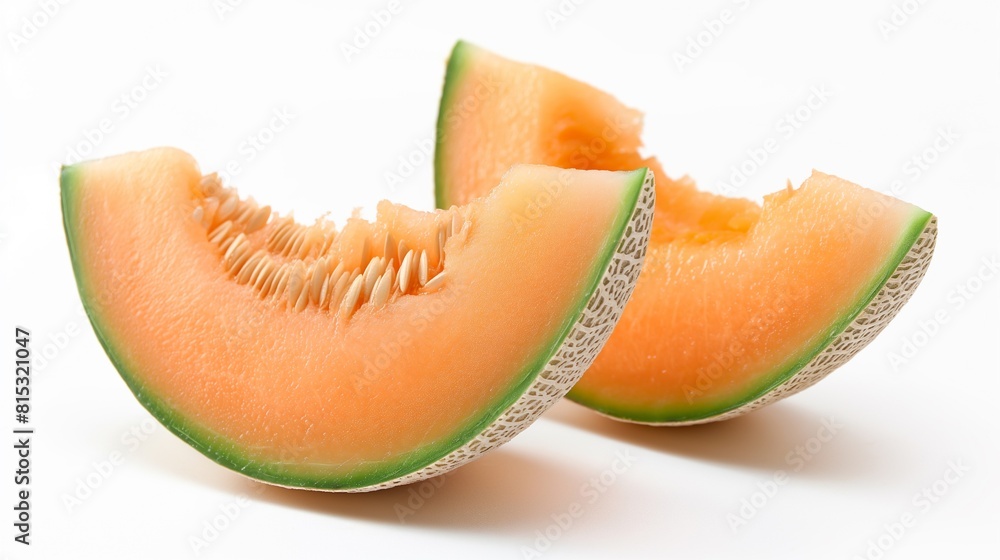 A sliced cantaloupe with a white background, no shadows, a hint of moisture, and a gentle glow A sliced cantaloupe with a white background, no shadows, a hint of moisture, and a gentle glow