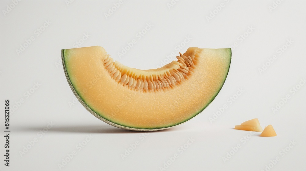 A sliced cantaloupe with a white background, no shadows, a hint of moisture, and a gentle glow A sliced cantaloupe with a white background, no shadows, a hint of moisture, and a gentle glow