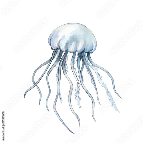 A beautiful watercolor painting of a jellyfish  with its long  flowing tentacles. The jellyfish is a delicate creature  and the painting captures its beauty and grace.