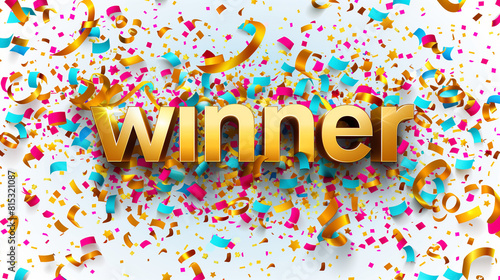 Golden winner word on white background with colorful confetti. Winning vector illustration template. Congratulations with absolutely victory