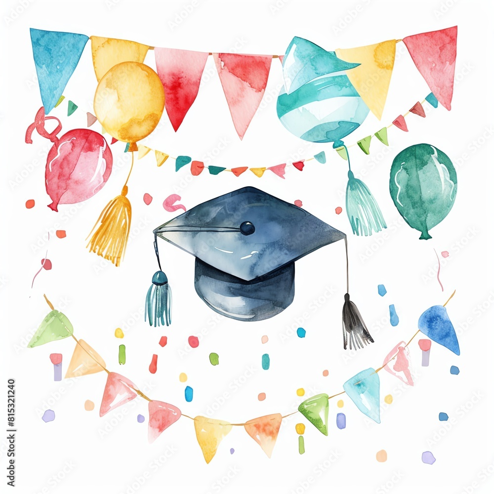 watercolor illustration of a graduation cap with balloons and buntings ...