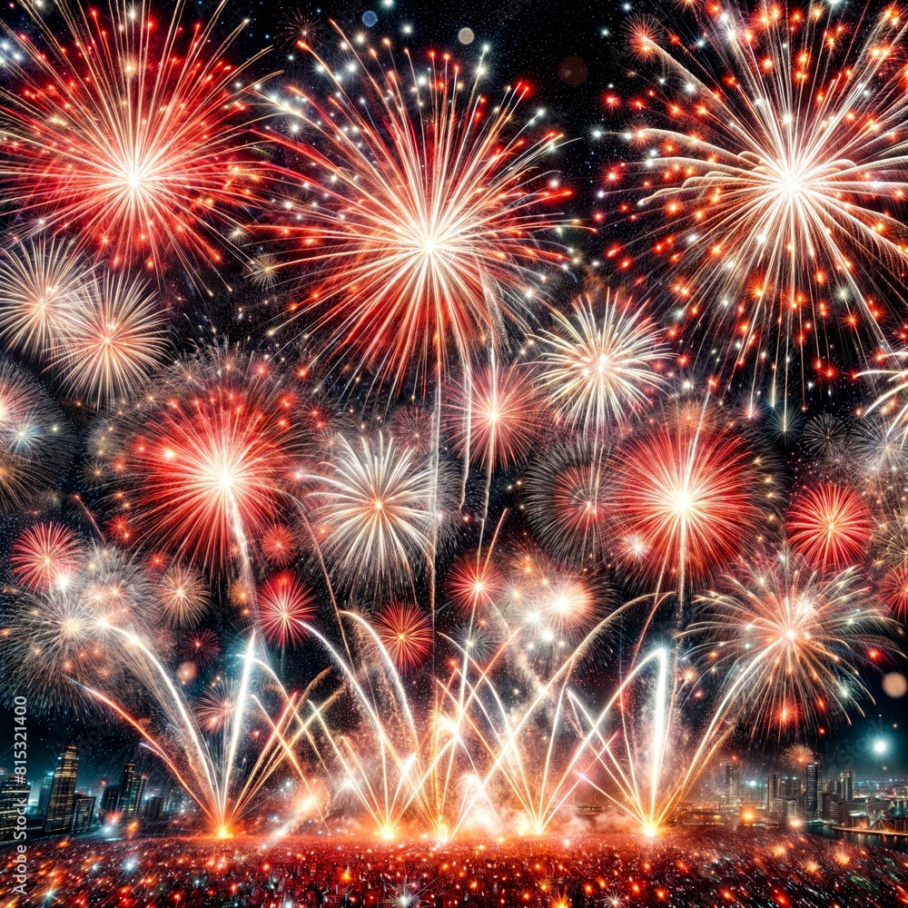 Vivid Red & White Fireworks Illuminate Night Sky Vivid Red & White Fireworks Illuminate Night Sky