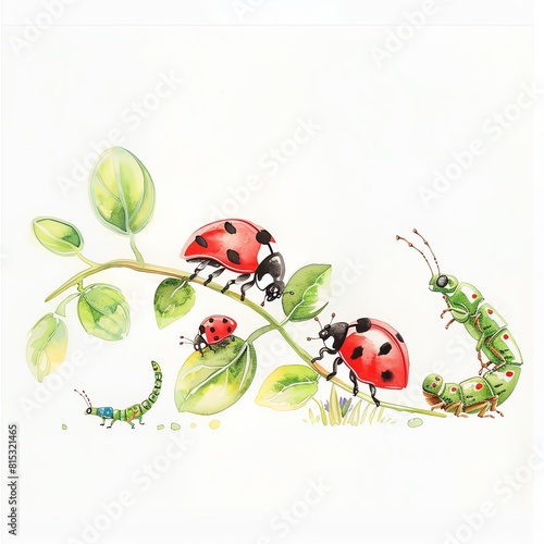 A watercolor painting of a ladybug family on a branch