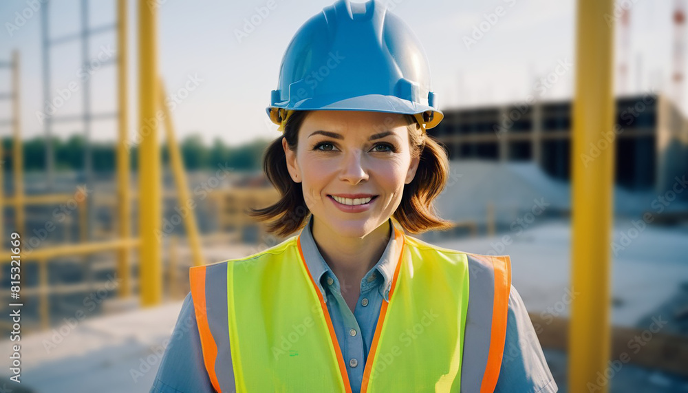 Female engineer, manager, woman working on a construction site wearing hard hat and work vest Female engineer, manager, woman working on a construction site wearing hard hat and work vest