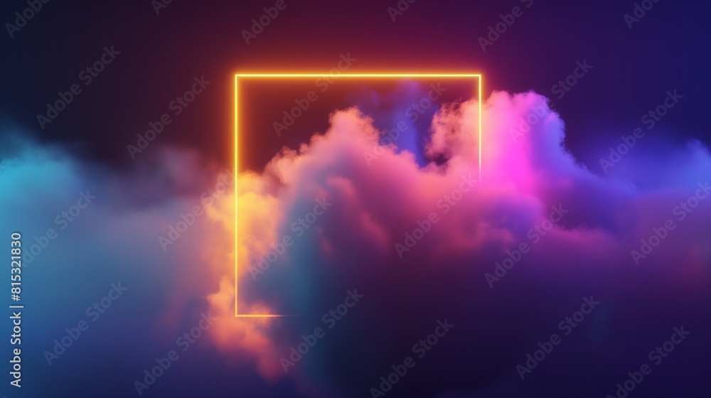 Vibrant neon square frame in a cloudy night sky with colorful lights.