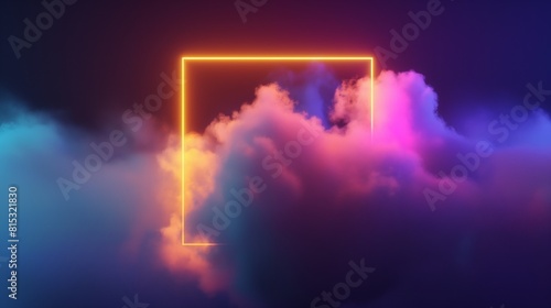 Vibrant neon square frame in a cloudy night sky with colorful lights.