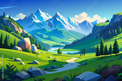 landscape with mountains, Sky, rock and green grass field in mountain scene. Summer meadow landscape in alps valley environment. Beautiful sunny game panorama with geology boulder pile. Outdoor 