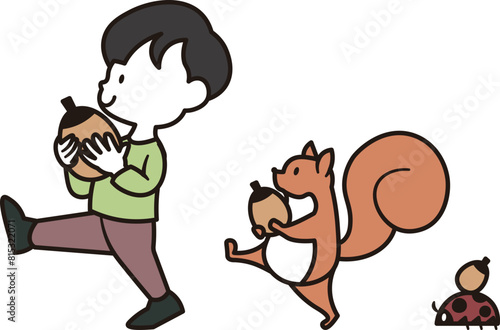 ドングリを持って歩いている男の子とリスとテントウムシのイラスト素材