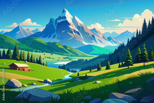 Sky rock lake green grass field in mountain scene. Summer meadow landscape in alps valley environment. Beautiful sunny game panorama with geology boulder pile. Outdoor peaceful fairytale background