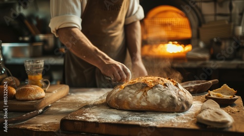 A man, wearing a hat, is preparing bread using ingredients in a bakery and cooking it with wood for a delicious dish. AIG41