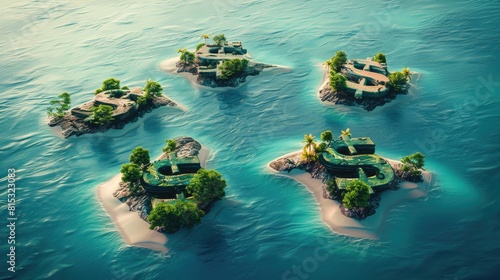 A conceptual illustration of several tropical islands shaped like dollar signs in a clear blue ocean, symbolizing offshore banking and tax havens
