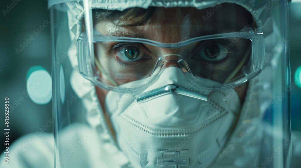 Close-up portrait of a scientist wearing full protective biohazard gear, focusing intently. Close-up portrait of a scientist wearing full protective biohazard gear, focusing intently.