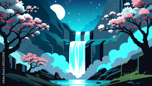 Beautiful painting of a waterfall with flowers and a full moon in the distance, moon, waterfall, tree, scenery, water, cherry blossoms, outdoors, no humans, full moon, sky, petals, night