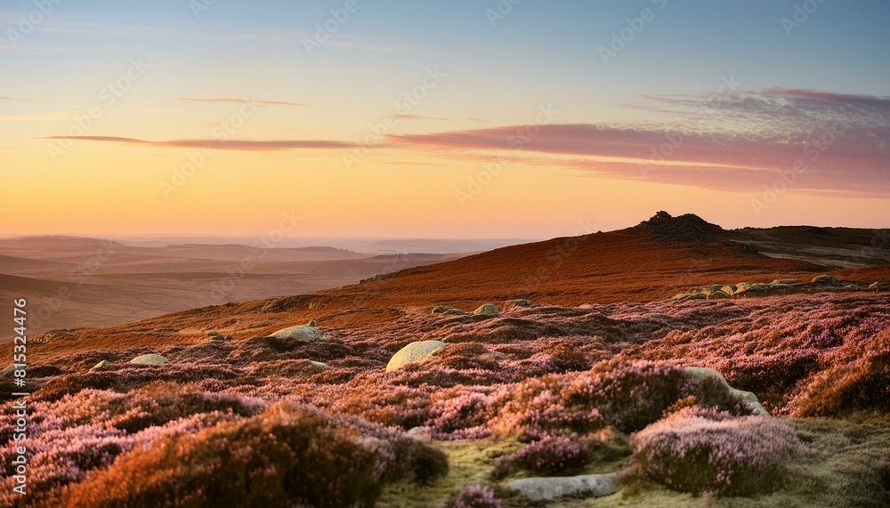 sunrise over the mountains. An open moorland bathed in the early morning light of sunrise, with a clear, vibrant sky 