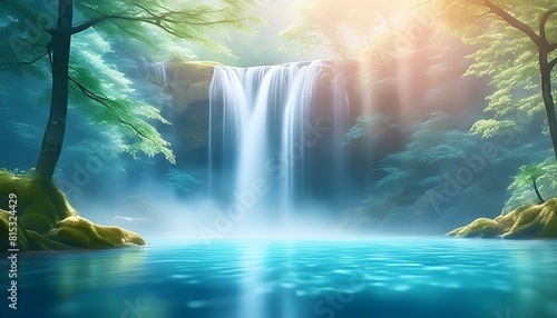 waterfall in forest. A tall, slender waterfall cascading into a serene pool below, with a fine mist rising up