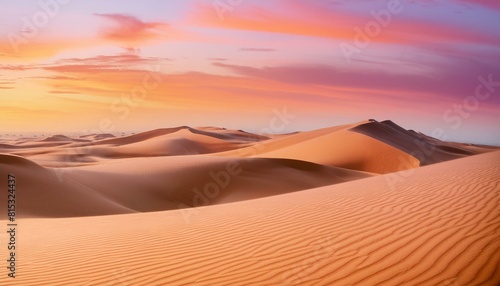 sunrise in the desert. A vast desert landscape under a breathtaking sunrise. The sky is a mix of purple, pink, 