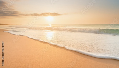 A wide  sandy beach scene at sunrise with soft  pastel-colored skies 