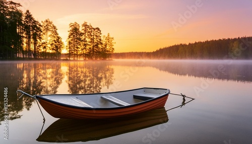 boat on the river. Early morning at a tranquil lake, with a soft pink and orange sunrise reflecting on the calm