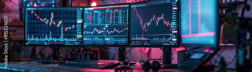 Stock traders desk side view with multiple monitors displaying graphs  day trader setup  digital tone  colored pastel photo
