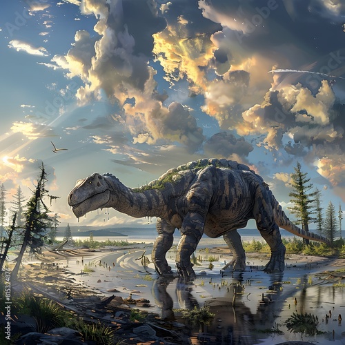 A 3D rendering of a gigantic Tyrannosaurus Rex dinosaur stands alone in a prehistoric landscape