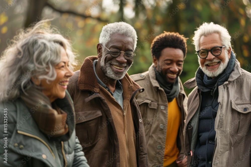 Group of senior friends spending time together in the park, smiling and looking at camera Group of senior friends spending time together in the park, smiling and looking at camera