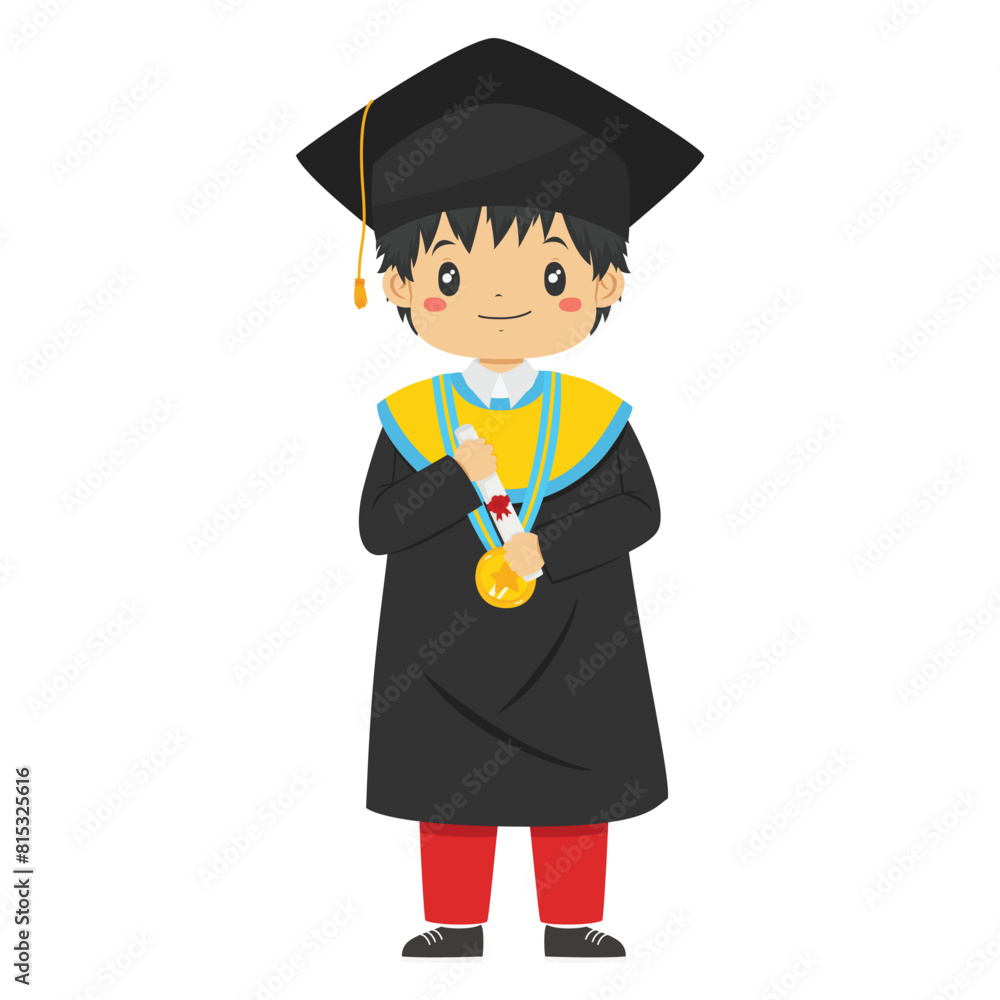 Happy Indonesia elementary student boy graduate from school, holding a certificate tube character vector.