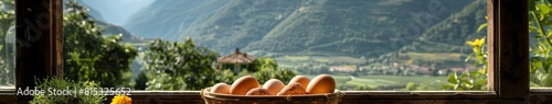 Bamboo basket filled with eggs  golden bamboo orchid placed on wooden tabletop  background is chicken farm  distant mountains  aristocratic cuisine  protein  nature  ecological green nutritional balan