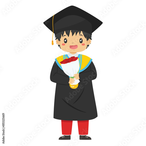 Happy  Indonesia elementary student boy graduate from school, holding a bouquet of red roses, character vector.