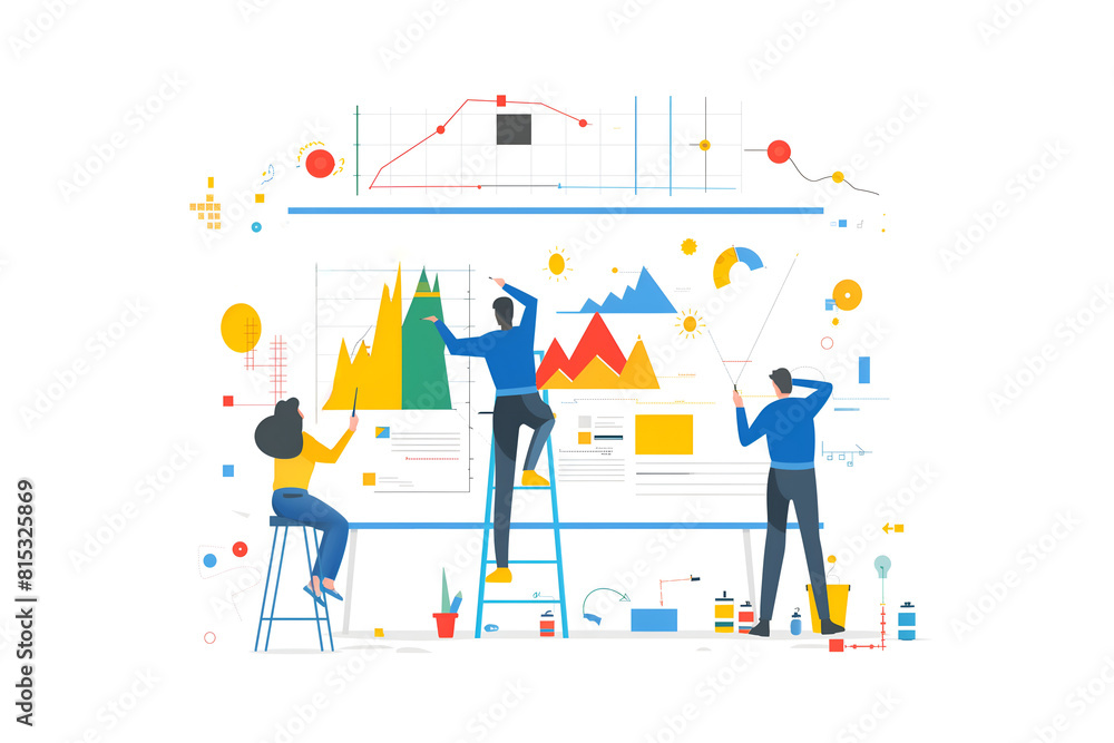 Vector illustration of abstract people woking on a wall of charts and graphs, flat design