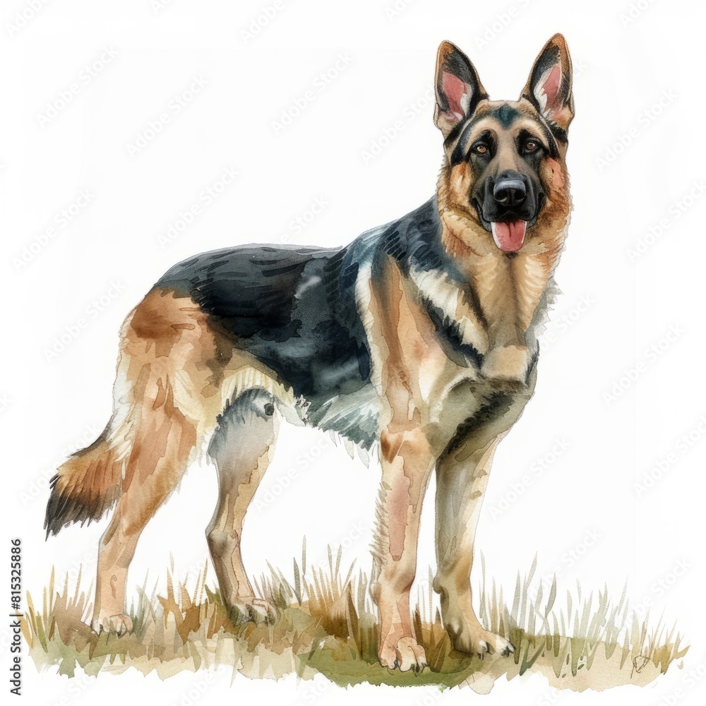 Watercolor painting of a majestic German Shepherd standing proudly with alert ears, on isolated white background, Generative AI Watercolor painting of a majestic German Shepherd standing proudly with alert ears, on isolated white background, Generative AI
