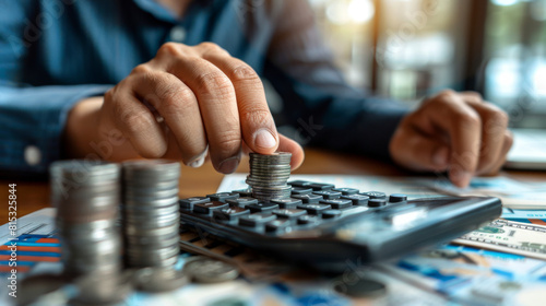 Close-up of a businessman stacking coins with a calculator on financial charts, depicting financial planning and budgeting.