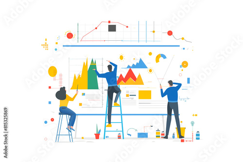 Vector illustration of abstract people woking on a wall of charts and graphs  flat design