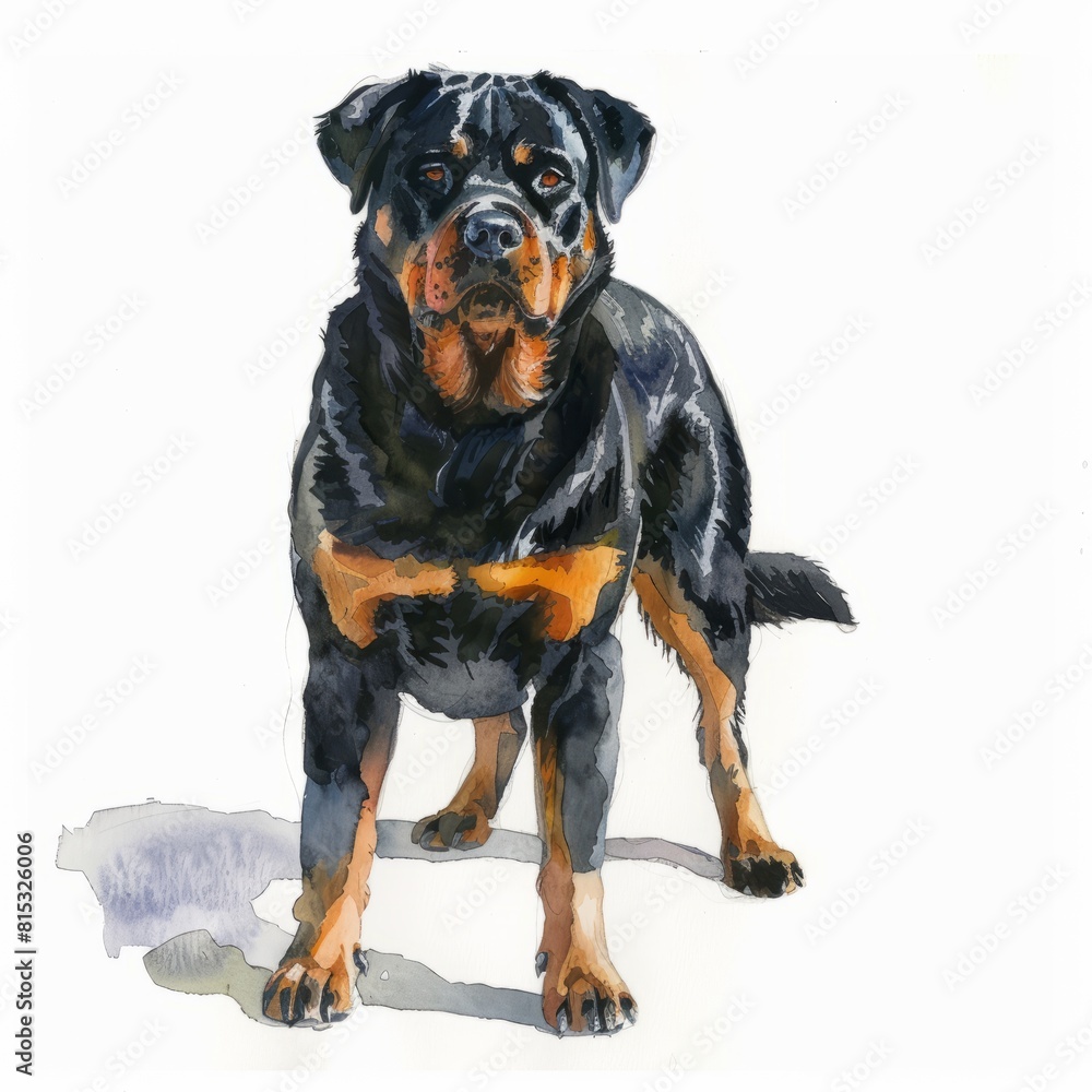 Fototapeta premium Watercolor painting of a proud Rottweiler standing guard with a strong and powerful presence, on isolated white background, Generative AI