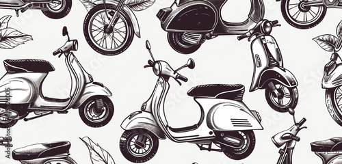 Hand-drawn seamless doodle with black and white bicycles and scooters.