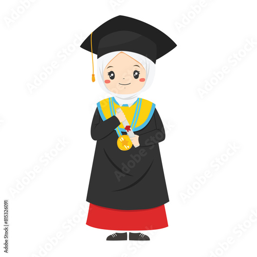 Happy Muslim Indonesia elementary student girl graduate from school, holding a certificate tube character vector.