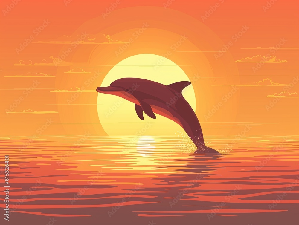 Happy dolphin silhouette against sunset flat design side view freedom theme cartoon drawing Analogous Color Scheme Happy dolphin silhouette against sunset flat design side view freedom theme cartoon drawing Analogous Color Scheme