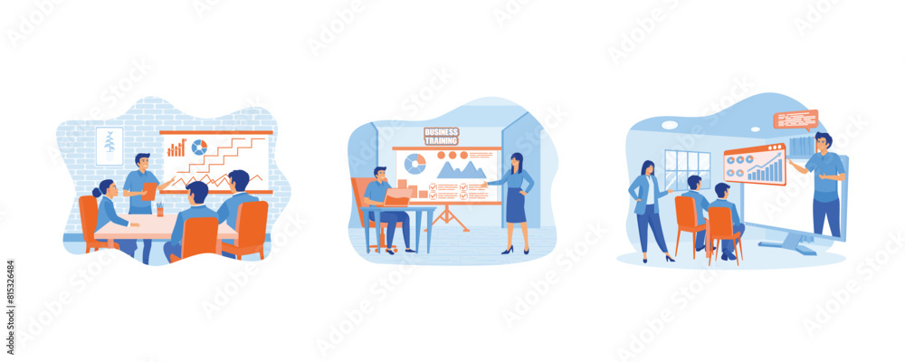 People at business training look at presentation with graphics. Business training or courses concept. Business training landing page. Set flat vector modern illustration