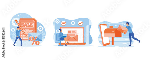 Characters sending advertising mails and promotional offers with sales and discounts. E-mail marketing and promotion scenes. Ecommerce business concept. Set flat vector modern illustration