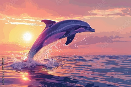 Dolphin leaping at beautiful sunset flat design top view serene marine life theme watercolor Complementary Color Scheme