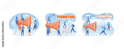 Big megaphone with a small people, teamwork. Social media marketing online business concept. Promoters speak with big megaphones and attract buyers investors and entrepreneurs. 