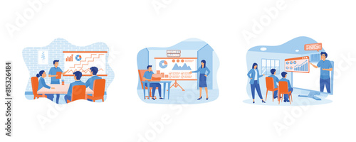 People at business training look at presentation with graphics. Business training or courses concept. Business training landing page. Set flat vector modern illustration