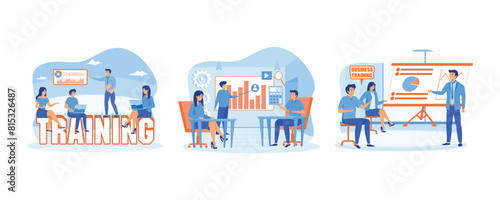 Training concept of young people attending the professional training. Concept of staff training, meeting, business, teamwork. Staff training web banner or landing page. 
